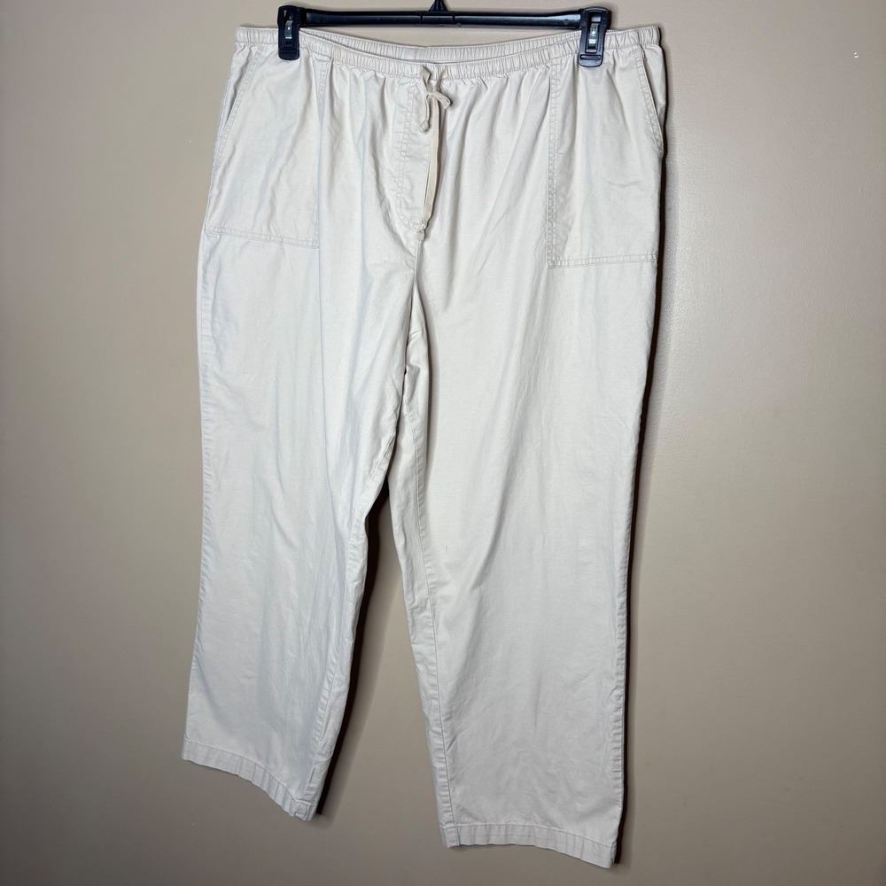 LL Bean Classic Fit Pants Womens 2X Plus Beige Cotton Drawstring Elastic 522476